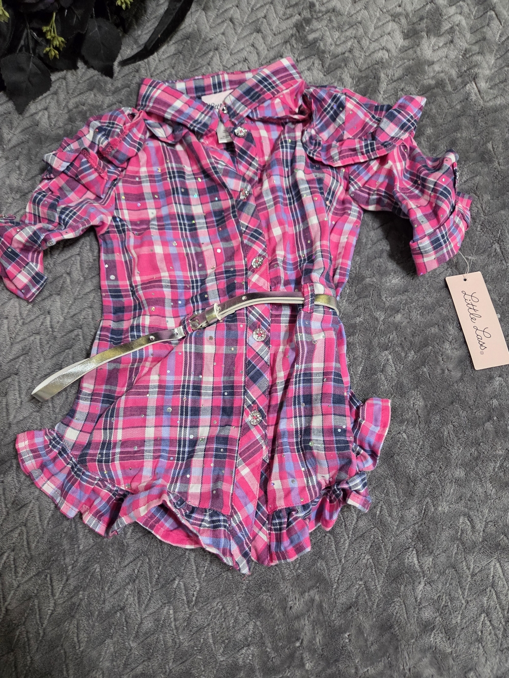 Little Lass Hot Pink & Navy Plaid Ruffle Button-Front Shirt with Belt